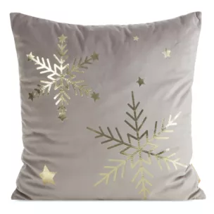 Poszewka na poduszkę świąteczna 45x45 cm welwetowa kremowa zdobiona nadrukiem szampańskich śnieżynek Eurofirany