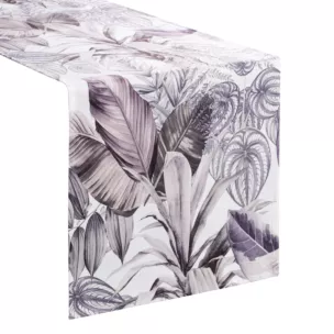 Bieżnik na stół 40x140 cm biało, fioletowy welwetowy DAVOS zdobiony nadrukiem egzotycznych liści DESIGN 91