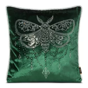 Poszewka na poduszkę 45x45 cm welwetowa zdobiona wzorem motyla z kryształków ciemnozielona ROYAL 8 Eurofirany