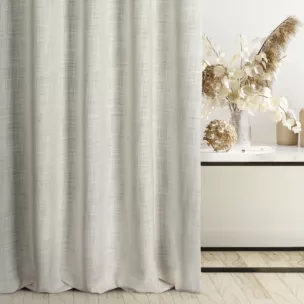 Zasłona szyta na taśmie 5 cm kremowa z tkaniny w stylu eko o naturalnym splocie, z efektem melanżu, wykończona obciążnikiem