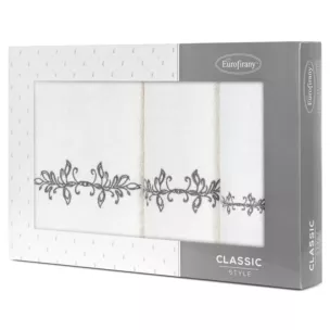 Zestaw ręczników bawełnianych na prezent 3 szt kolor kremowy,grafitowy z haftem z motywem ornamentu roślinnego 380g/m2 KAMELIA Eurofirany