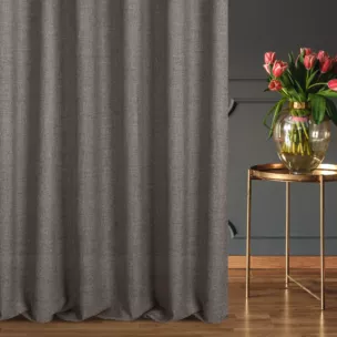 Zasłona szyta na tunelu szara z miękkiej tkaniny w stylu eko, z efektem melanżu, przetykana metaliczną nicią