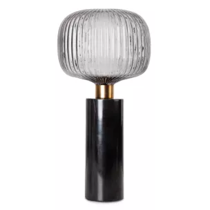 Lampa stołowa do salonu czarno, grafitowa LUKA o marmurowej podstawie i szklanym tłoczonym kloszem Eurofirany
