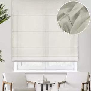 Roleta rzymska kremowa z delikatnej w dotyku etaminy w stylu eko z efektem kreszowania, wykończona obciążnikiem