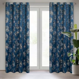 Zasłona granatowo, szampańska w złote liście palmy z welwetu 140x250 cm przelotka GLORIA 2 Eurofirany