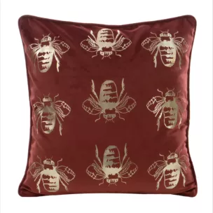 Poszewka na poduszkę 45x45 cm welwetowa z symetrycznym nadrukiem pszczół bordowo, złocista BILNK Eurofirany
