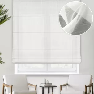 Roleta rzymska kremowa z miękkiej półprzezroczystej tkaniny z efektem deszczyku, wykończona obciążnikiem