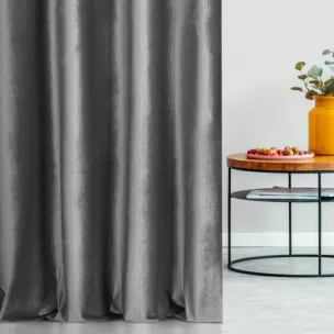 Zasłona szyta na taśmie fala szara z tkaniny welwetowej w pionowe prążki, wykończona obciążnikiem