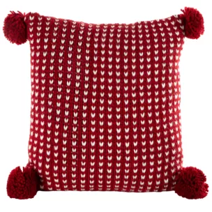 Poszewka na poduszkę 45x45 cm o plecionej strukturze z pomponami czerwono, biała Eurofirany