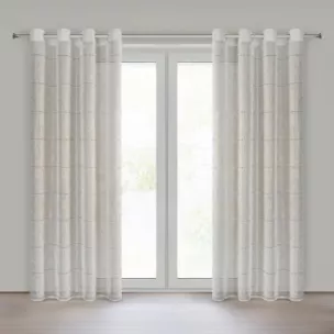 Firana biało, złota zdobiona ażurowymi paskami i roślinnym nadrukiem 140x250 cm przelotka - KATY - Eurofirany