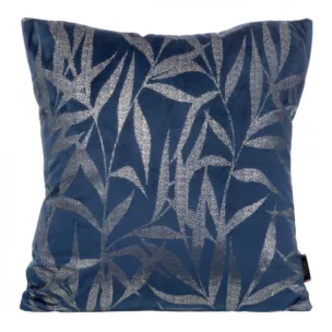 Poszewka na poduszkę 45x45 cm welwetowa ze złocistym nadrukiem liści granatowa BLINK 22 Eurofirany