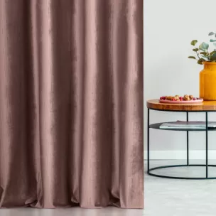 Zasłona szyta na taśmie fala wrzosowa z tkaniny welwetowej w pionowe prążki, wykończona obciążnikiem