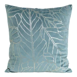 Poszewka na poduszkę 45x45 cm welwetowa z nadrukiem złocistych liści niebieska BLINK 32 Eurofirany