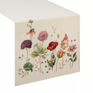 Bieżnik na stół naturalno, czerwony 45x140 cm gobelinowy z motywem letnich kwiatów