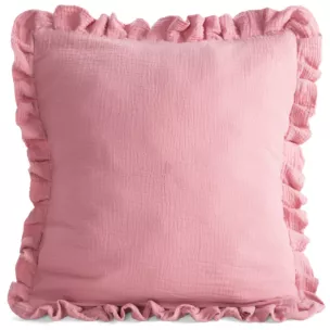 Poszewka na poduszkę 45x45 cm muślinowa z ozdobną falbanką na brzegach różowa MUŚLIN 1 Eurofirany