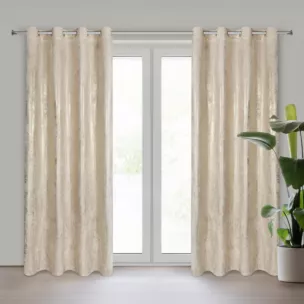 Zasłona jasnobeżowo, złota zdobiona błyszczącym przecieranym wzorem z welwetu 140x250 cm przelotka RENIA  Eurofirany