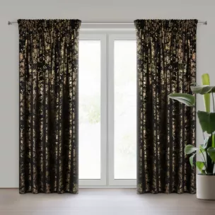 Zasłona czarna zdobiona błyszczącym nadrukiem liści, welwetowa 140x270 cm taśma FELIS  Eurofirany
