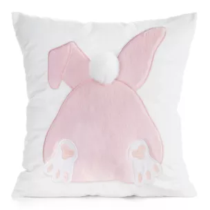 Wielkanocna poszewka na poduszkę 45x45 cm welwetowa z uroczym zajączkiem biała, jasnoróżowa WIOSNA 129 Eurofirany