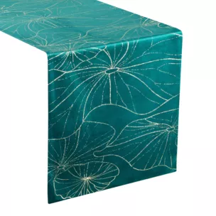 Bieżnik na stół ciemnoturkusowo, złocisty 35x140 cm welwetowy BLINK 15 z liśćmi lilii wodnej
