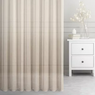 Firana szyta na taśmie fala beżowa z gładkiej matowej etaminy o naturalnym splocie, wykończona obciążnikiem