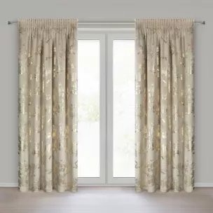 Zasłona beżowo, szampańska zdobiona nadrukiem błyszczących kwiatów 140x270 cm taśma - CELIA Eurofirany