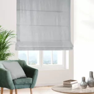 Roleta rzymska srebrna z tkaniny z mieszanką lnu i wiskozy, w stylu eko, z delikatnym połyskiem