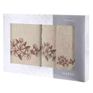 Zestaw ręczników bawełnianych 3 szt kolor beżowy,brązowy z haftowanym motywem kwiatu wiśni 400 g/m2 SOFIA Eurofirany