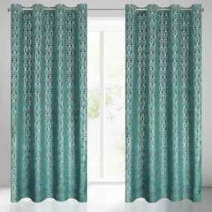 Zasłona turkusowo, złota ze złotym wzorem z welwetu 140x250 cm przelotka LAURA Eurofirany