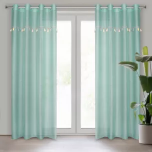 Firana miętowa z etaminy zdobiona taśmą dekoracyjną z wiszącymi trójwymiarowymi słonikami 140x250 cm przelotka KIDS Eurofirany