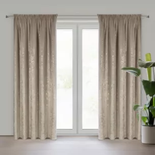 Zasłona beżowa zdobiona błyszczącym nadrukiem liści, welwetowa 140x270 cm taśma FELIS Eurofirany