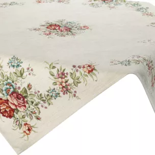 Obrus naturalno, czerwony 100x100 cm z grubszej tkaniny gobelinowej z nicią szenilową z motywem kwiatów