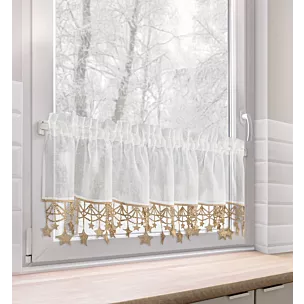 Zazdrostka świąteczna biało, złota z etaminy zdobiona luźno zwisającymi gwiazdkami 30x150 cm tunel - XMAS Eurofirany