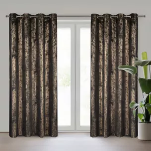 Zasłona czarna z tkaniny welwetowej zdobiona złotym przecieranym nadrukiem złote przelotki - DARA Eurofirany