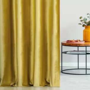 Zasłona szyta na taśmie fala żółta z tkaniny welwetowej w pionowe prążki, wykończona obciążnikiem