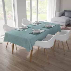 Obrus szyty niebieski z tkaniny zaciemniającej typu dimout o naturalnym splocie, z efektem melanżu