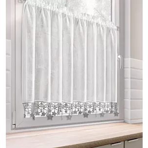 Zazdrostka świąteczna biało, srebrna z etaminy zdobiona luźno zwisającymi gwiazdkami 150x90 cm tunel - XMAS Eurofirany