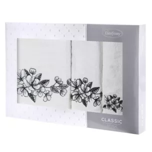 Zestaw ręczników bawełnianych 3 szt kolor biały,czarny z haftowanym motywem kwiatu wiśni 400 g/m2 SOFIA Eurofirany