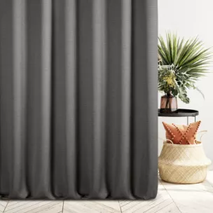 Zasłona szyta na przelotkach ciemnoszara z tkaniny o naturalnym splocie z efektem melanżu