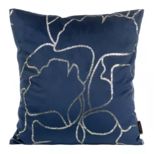Poszewka na poduszkę 45x45 cm welwetowa ze złocistym nadrukiem z motywem liści miłorzębu granatowa BLINK 35 Eurofirany