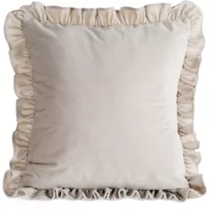 Poszewka na poduszkę 60x60 cm z aksamitnego welwetu zdobiona na brzegach falbanami beżowa BRENDA EUROFIRANY PREMIUM