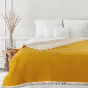 Koc bawełniano-akrylowy 150x200 cm beżowo, miodowy z frędzlami AKRYL Eurofirany