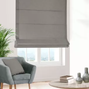 Roleta rzymska GEONOA szara z miękkiej tkaniny o naturalnym charakterze z widocznym ozdobnym splotem