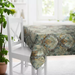 Obrus szyty jasnoturkusowo złoty z grubej welwetowej tkaniny w elegancki ornamentowy wzór Italissima Eva Minge