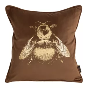 Poszewka na poduszkę 45x45 cm welwetowa dwustronna z nadrukiem złocistej pszczoły, tył z tkaniny o strukturze lnu jasnobrązowa BLINK 41 Eurofirany