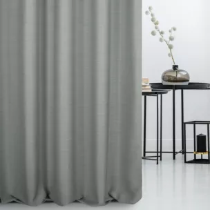 Zasłona szyta na flexach szara z miękkiej tkaniny o naturalnym splocie w stylu ekologicznym
