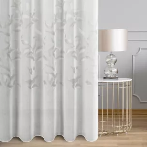 Firana szyta na flexach biało srebrna burnout z etaminy w motywy roślinne, wykończona obciążnikiem