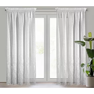 Firana biało, srebrzysta z matowej tkaniny zdobiona błyszczącym wzorem 140x270 cm taśma LINZI Eurofirany