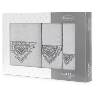 Zestaw ręczników bawełnianych 3 szt kolor srebrny, stalowy z haftem 400 g/m2 LAURA Eurofirany