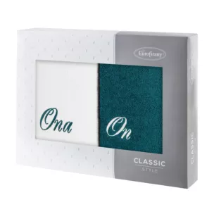 Zestaw ręczników bawełnianych 2 szt 50x90 cm z haftem ONA I ON kolor biały, turkusowy 400 g/m2 Eurofirany