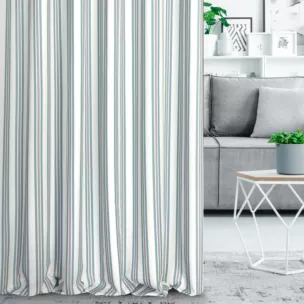 Zasłona szyta na taśmie fala jasnokremowo turkusowa z tkaniny o naturalnym splocie z nadrukowanym wzorem w pasy